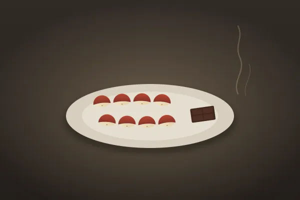 Eight apple slices arranged skin-up on a plate beside a square of dark chocolate, with steam rising from an unseen cup of tea