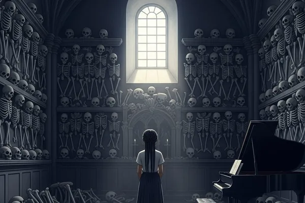 Bone chapel inspired room with little girl and piano